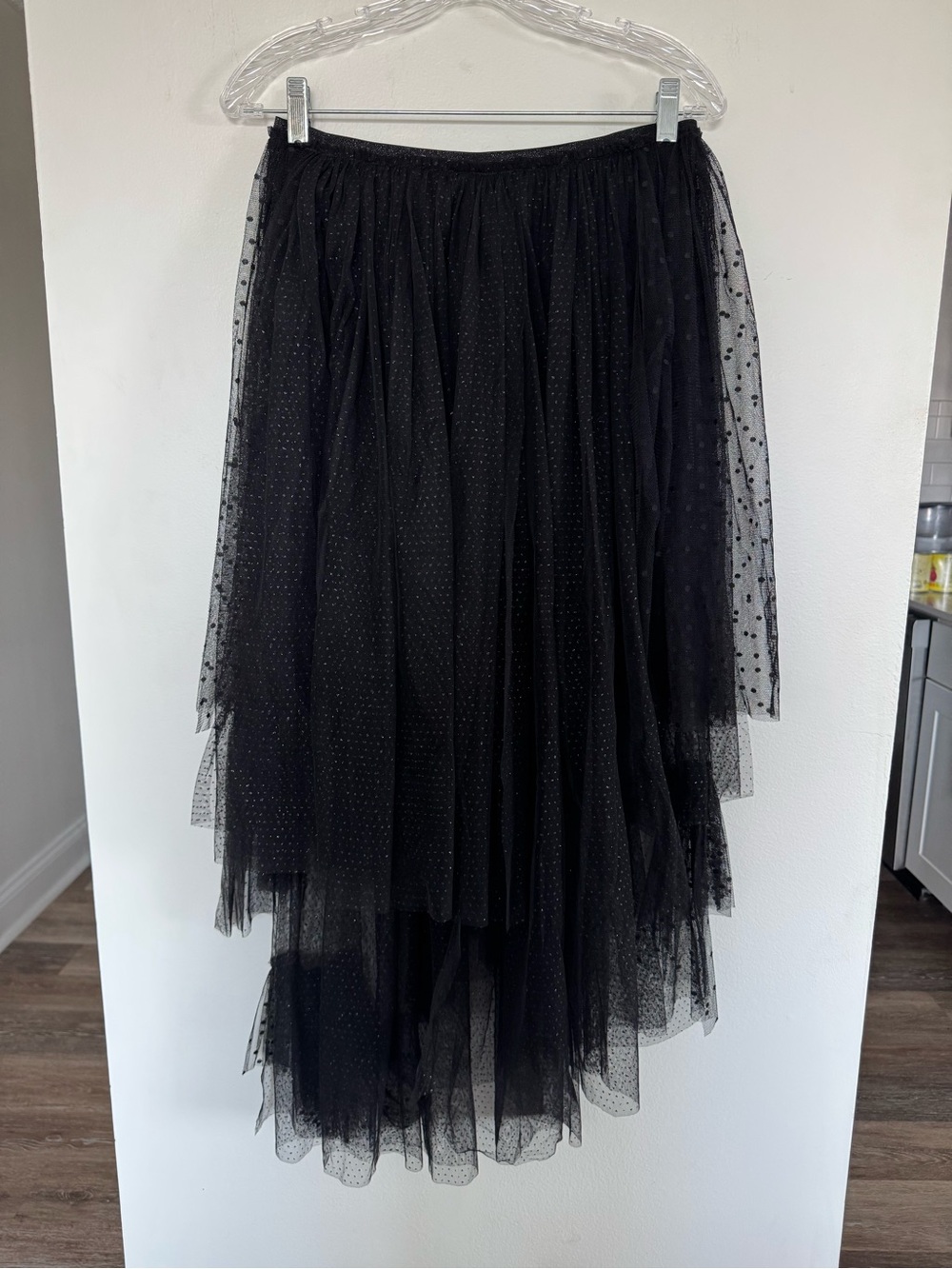 Juda Leah Black Polka Dot Tulle Asymmetrical Layered Midi Skirt M